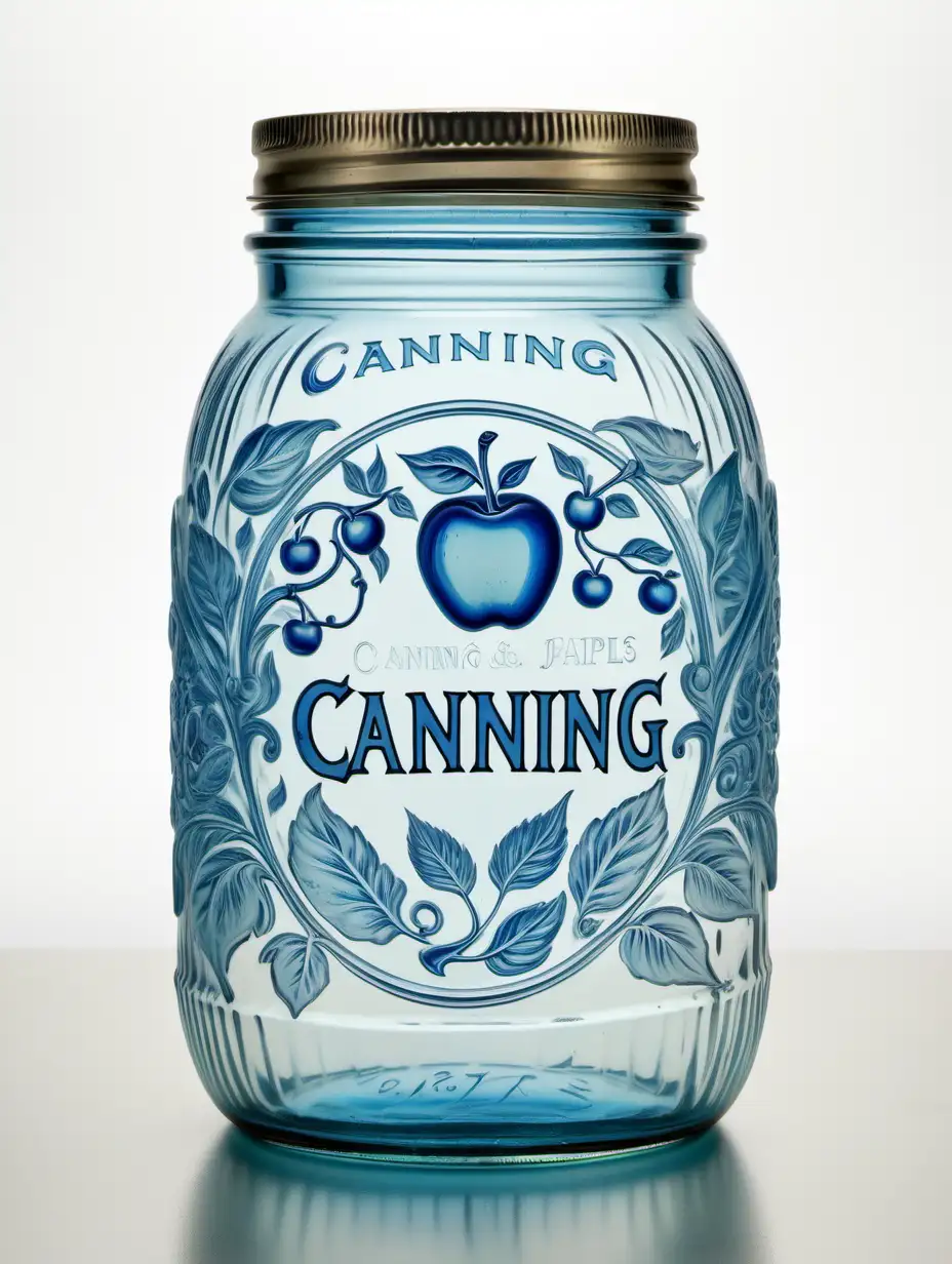 Transparent Blue Glass Canning Jar with Fruit and Vegetable Motifs