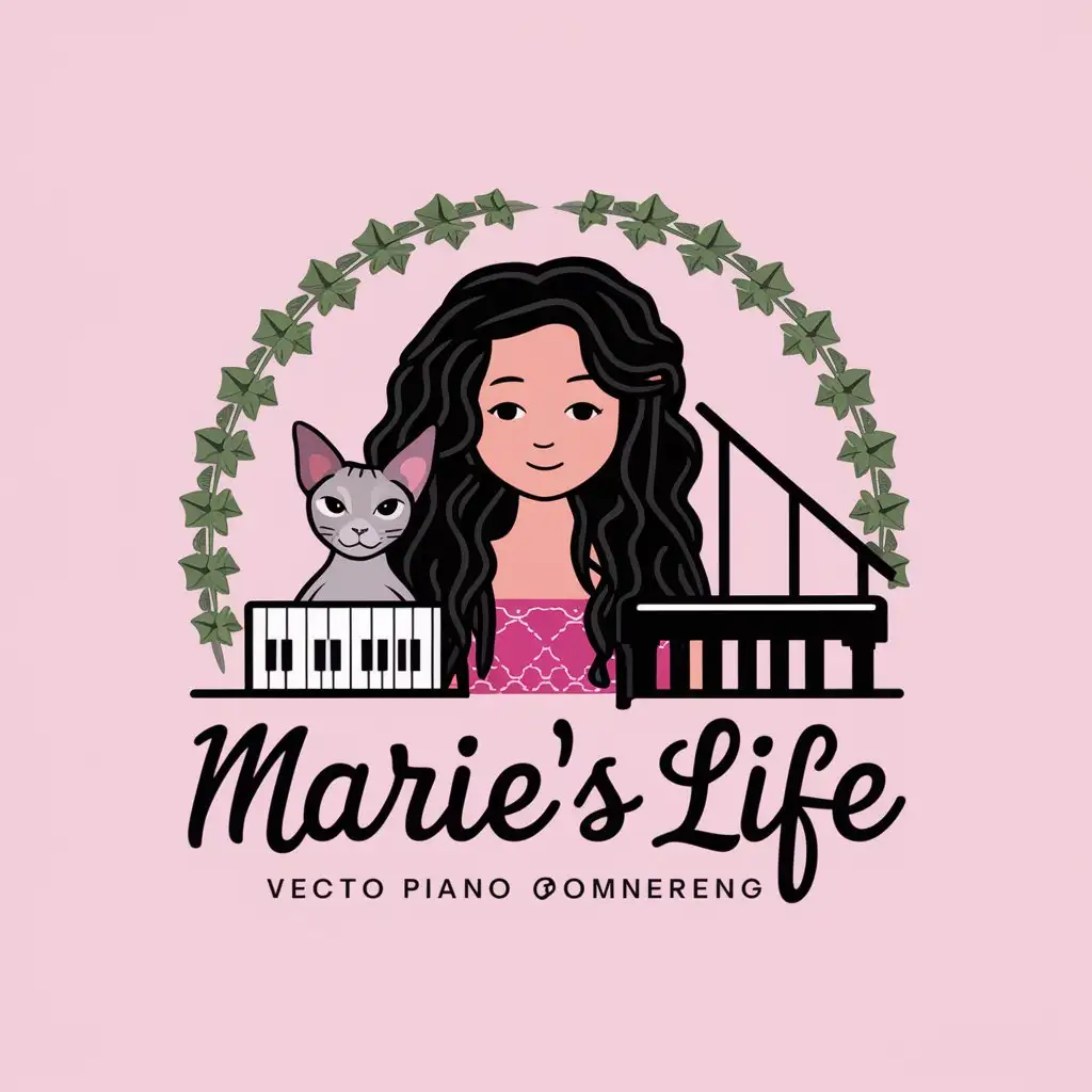 LOGO-Design-for-Maries-Life-Girl-with-Curly-Hair-Sphynx-Cat-Piano-and-Ivy