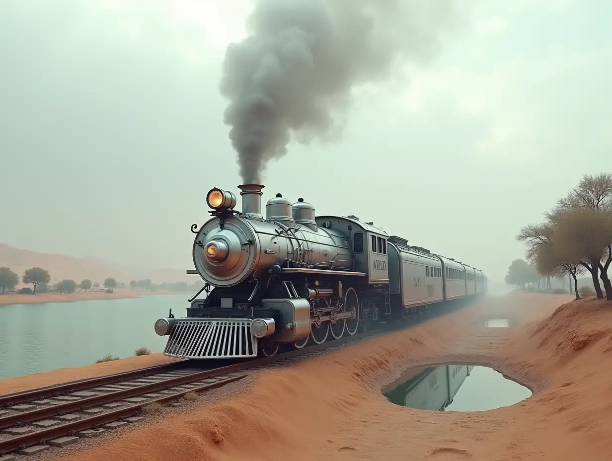 Create a high-resolution realistic image in 4k resolution: a futuristic silver locomotive with brown on tracks and smoke rising in the desert, with a lake on both sides with futuristic houses and trees under a cloudy sky