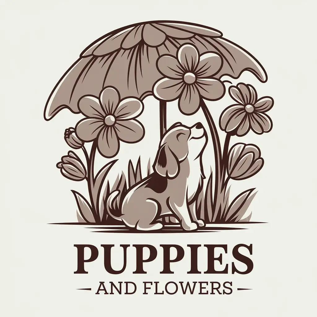 LOGO Design for Puppies and Flowers Cozy Dog Under Umbrella of Flowers with Simple Style