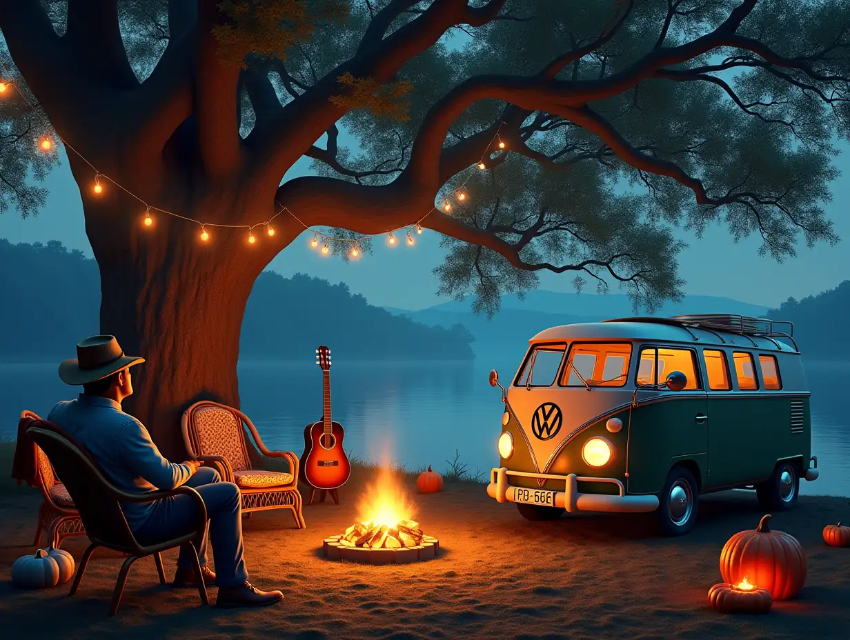 user_prompt: Ultradetailed hyperrealistic portrait a vwbuß a guitar leans on a vw buß and a man with cowboy hat sits on a chair by the lake with a very large tree with fairy lights pumpkins with candles campfire two rattan chairs with blanket elaborately detailed, colorful