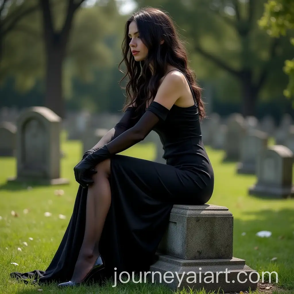 Young-Woman-in-Black-Dress-at-Cemetery-Removing-Stockings-on-Sunny-Day