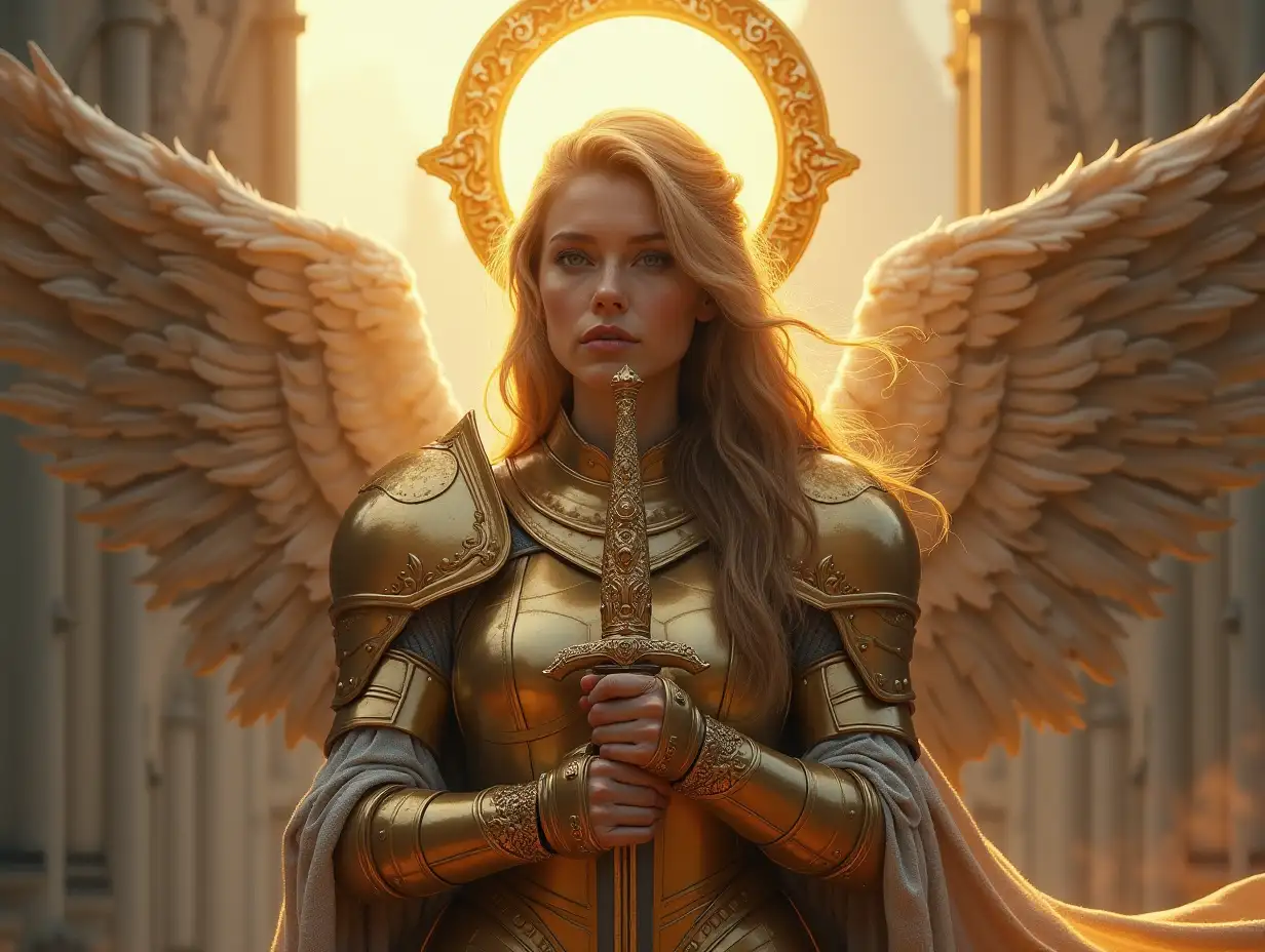 a woman paladin in golden armored attire with an angelic halo above her head, holding a sword in her hand against a castle background