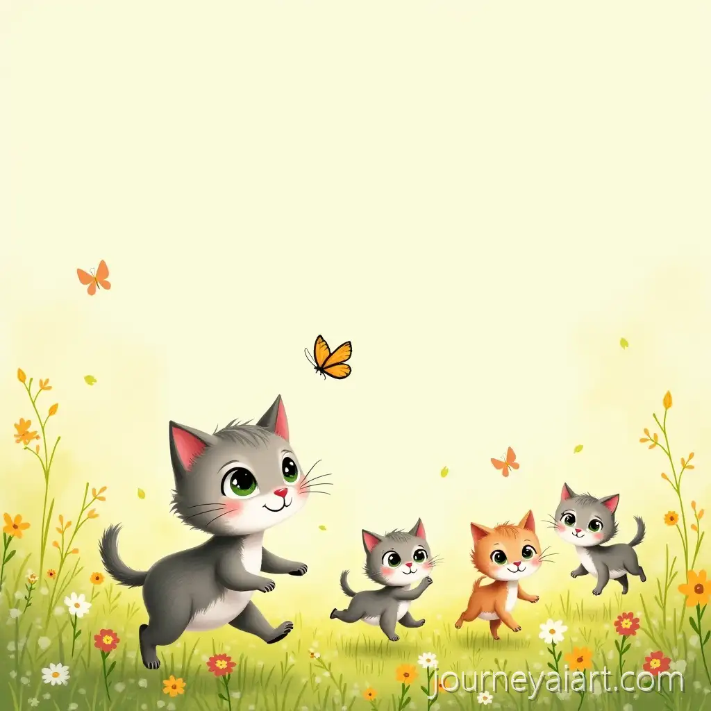Cute-Gray-Kitten-Playing-in-a-Sunny-FlowerFilled-Meadow-with-Friends
