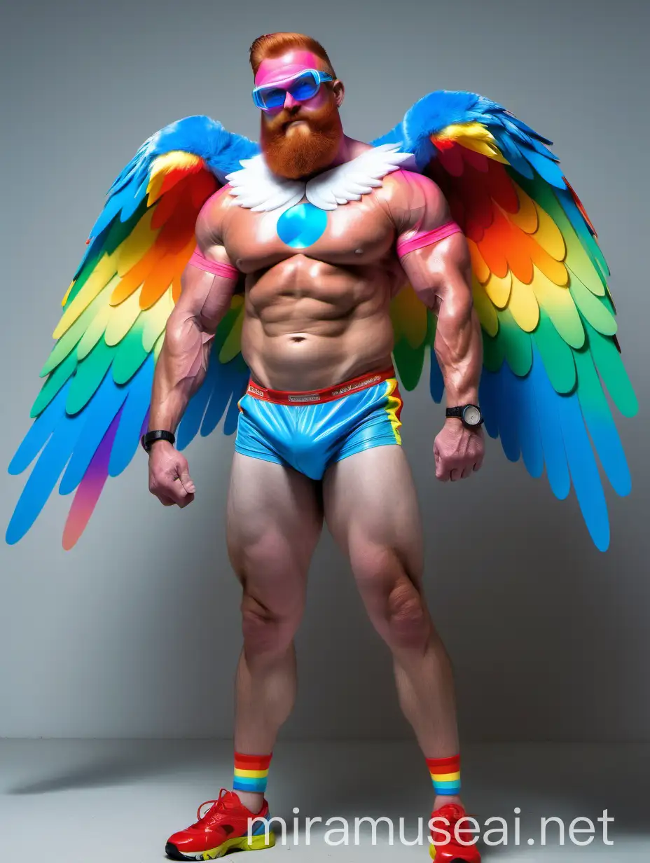 Strong Bodybuilder Daddy Flexing Arm in Rainbow Eagle Wings Jacket