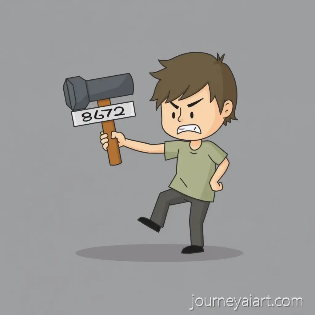 Cartoon-Hammer-Character-Holding-Number-Sign-with-Confused-Expression-on-Gray-Background