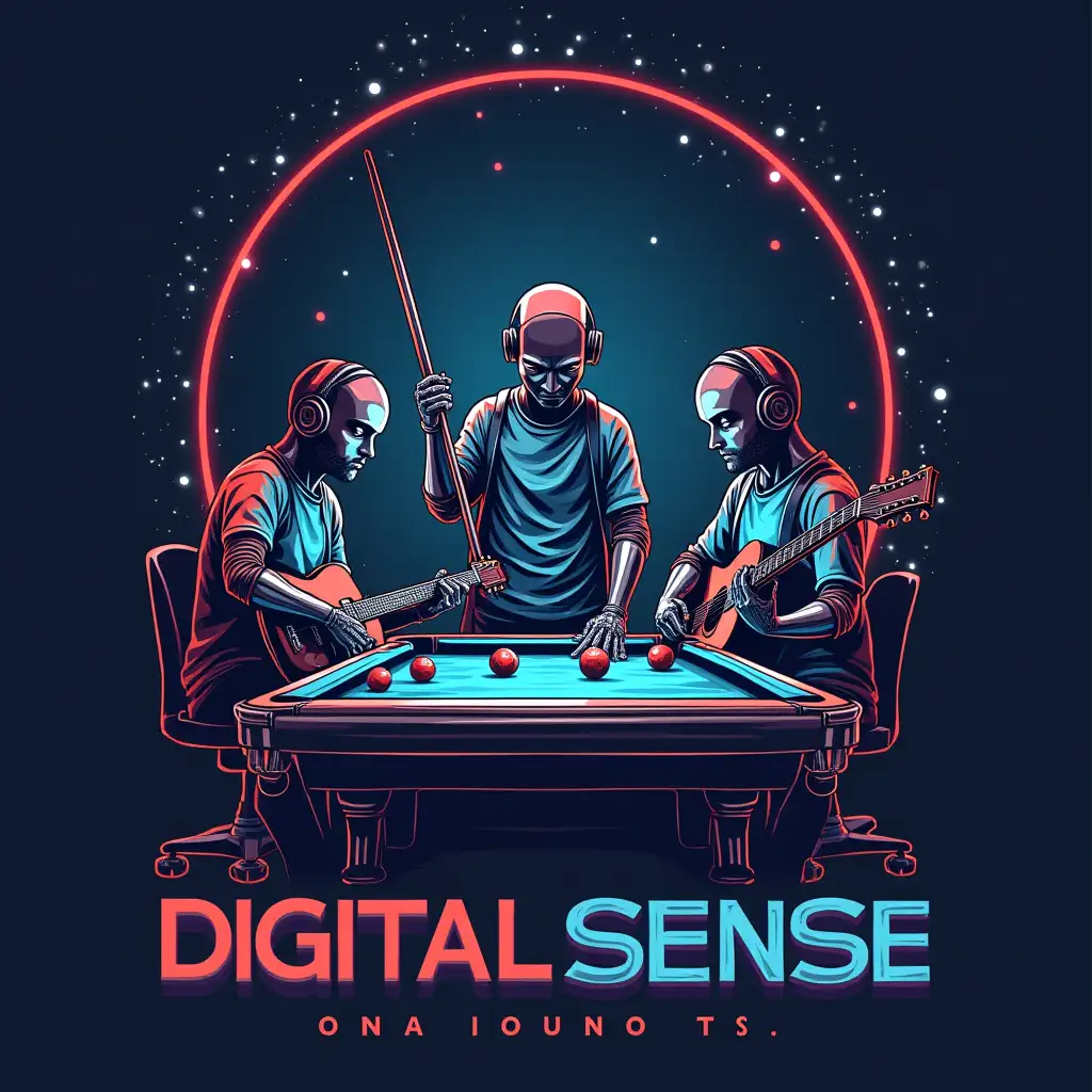 Create a cool t-shirt for an AI company called "Digital Sense" where their human employees are programming, playing guitar and playing pool. Include the company name "Digital Sense" on the shirt.