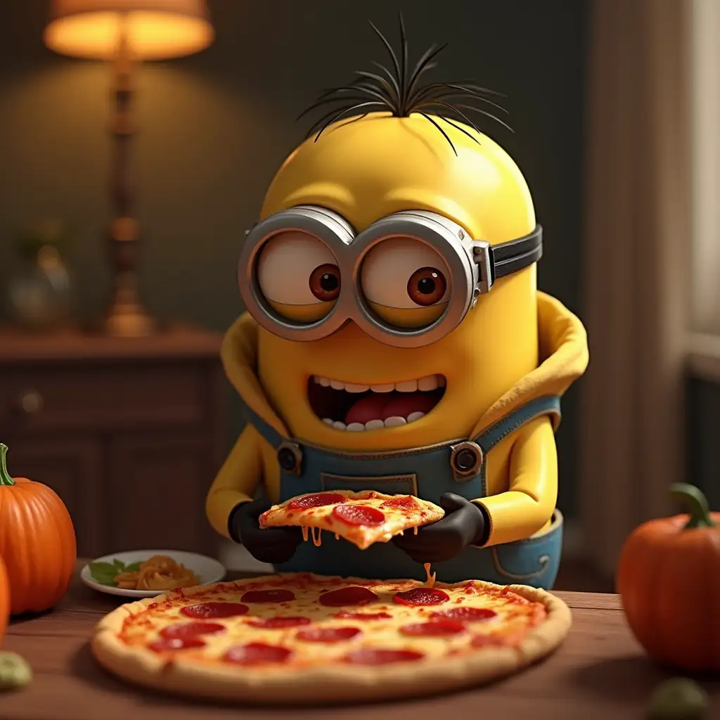 Felonious Gru from Despicable Me eating pizza at home, pizza boxes around, fall mood, detail photo