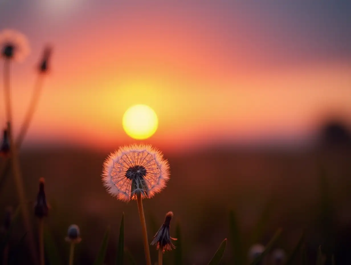 beautiful fluffy dandelion on the background of colorful sunset sky, calm relaxing evening landscape with beautiful multicolored sky at sunset, close-up