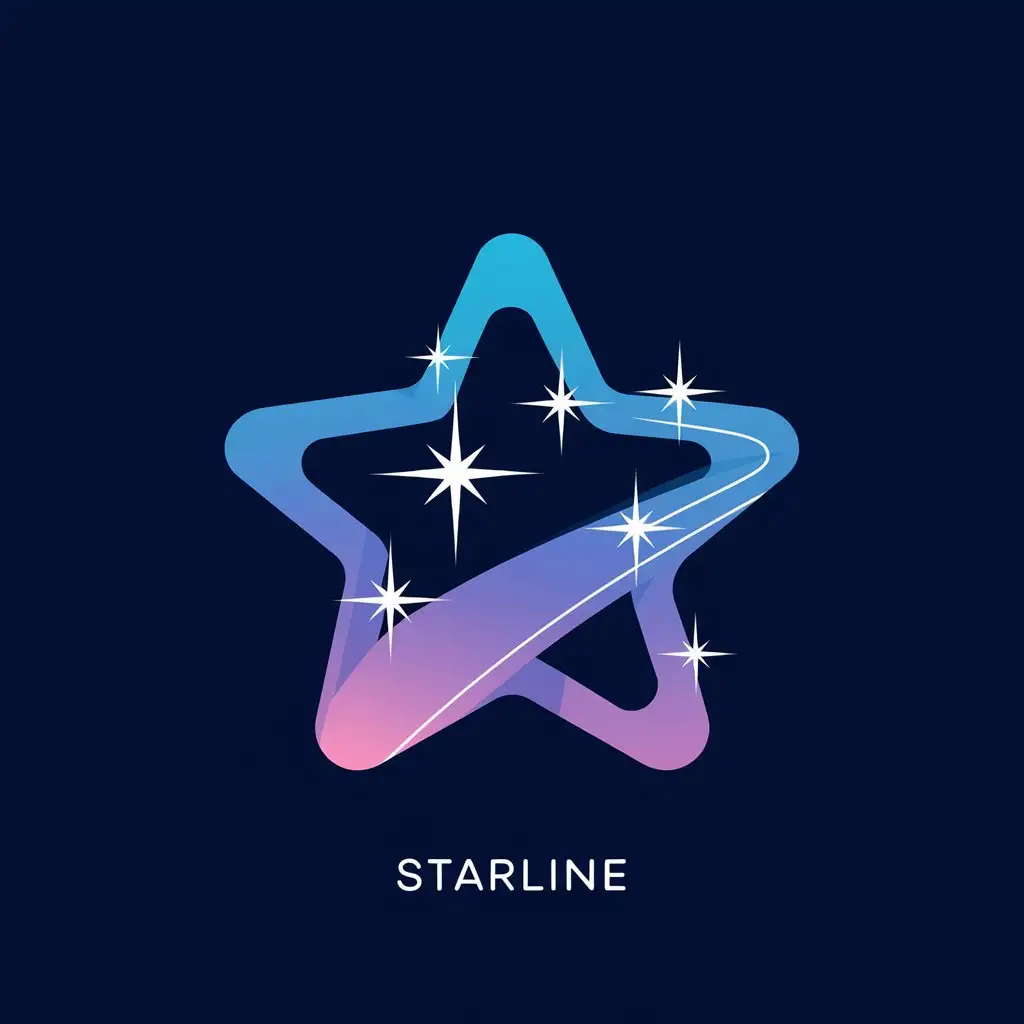 a vector logo design,with the text "starline", main symbol:This star-themed logo is presented in a minimalist and smooth design style, with icon in pure white color and gradient background of blue leaning towards purple. Five stars are shining brightly on the deep blue-purple background, symbolizing hope and dreams. The outline of each star is soft, paired with flowing lines, showing modernity and elegance. The gradient color adds depth and layering to the overall design, creating a mysterious and quiet atmosphere. The design fits WeChat style, simple yet visually impactful, aiming to convey the beautiful idea of connection and communication.,Moderate,clear background