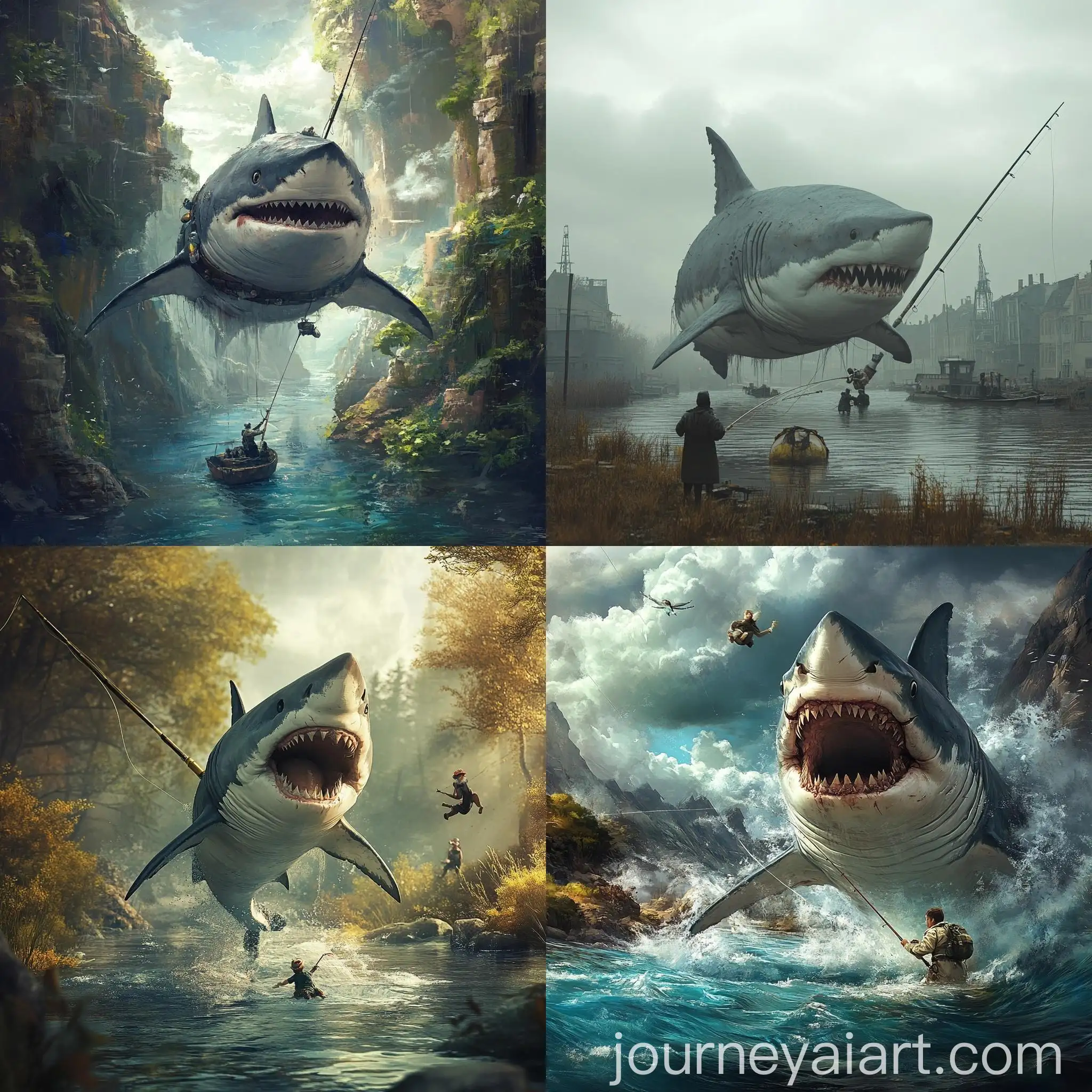 Anthropomorphic-Shark-Fishing-with-Fishing-Rod-for-Floating-People-by-River