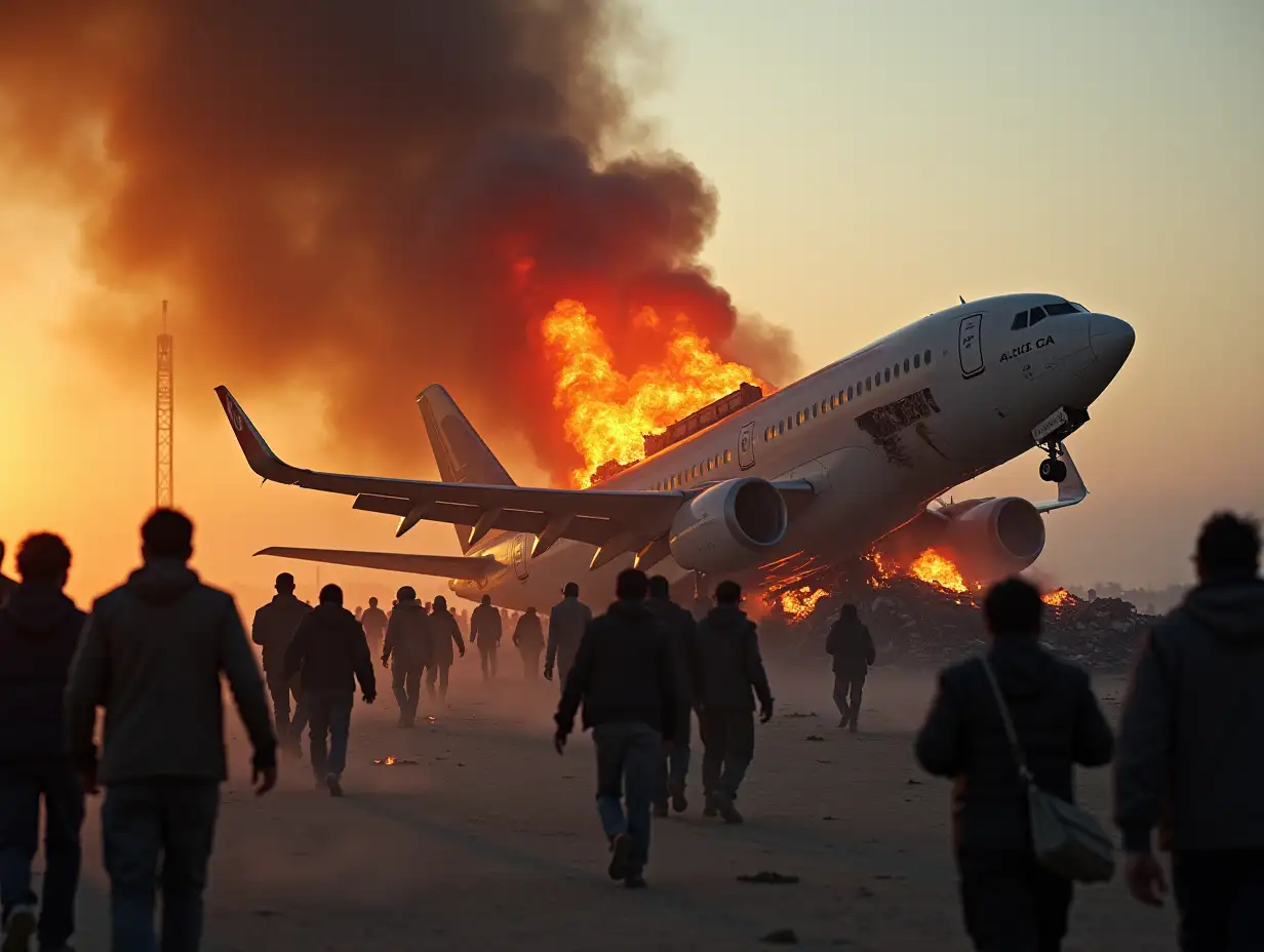 close-up image, crashed airplane, fleeing people, wreckage seen, flames, smoke, dust, deaths, chaos, injured people,