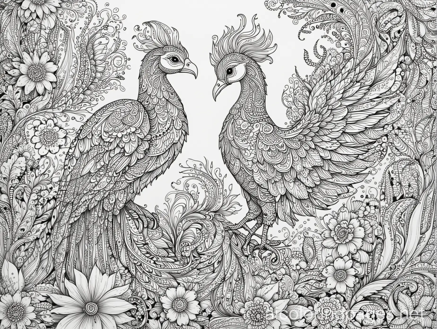 Phoenix-and-Flowers-Paisley-Design-Adult-Coloring-Page