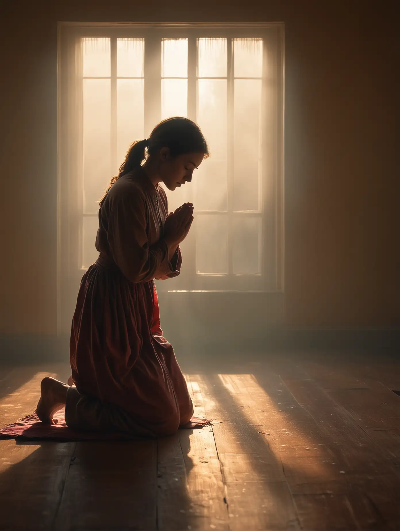 A solitary figure kneels in a dimly lit room, hands clasped in silent, deep prayer, with a warm, soft light streaming from above window. The close-up captures the intensity of their expression, bathed in rich, vivid colors.The images should be created resembling Ray Roberts’s ink style, depth of field, 8k resolution and composition.
