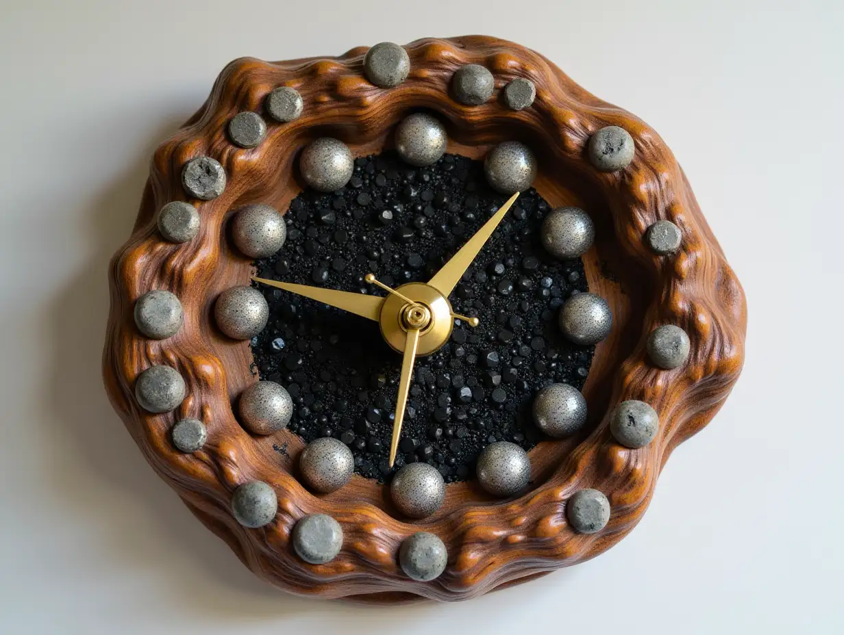 Clock made of resin mixed with wood, stone nuts, silver screws black, gold