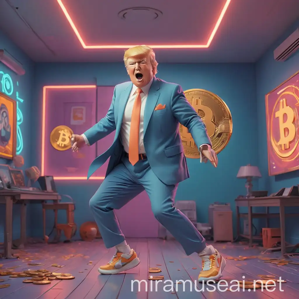 Donald Trump Dancing with Bitcoin in a Neon Room