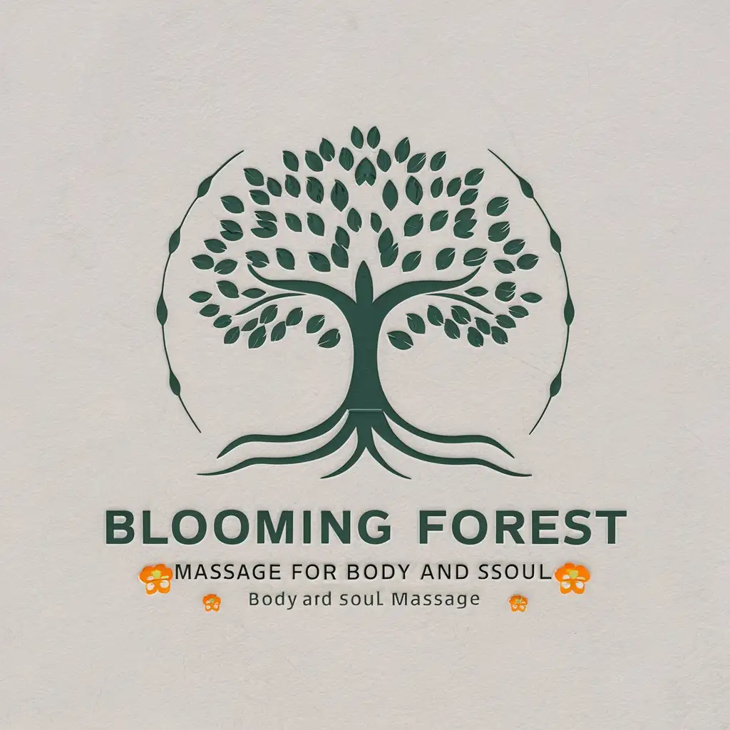 a vector logo design,with the text "Blooming forest massage for body and soul  Body and soul massage", main symbol:Tree,complex,clear background