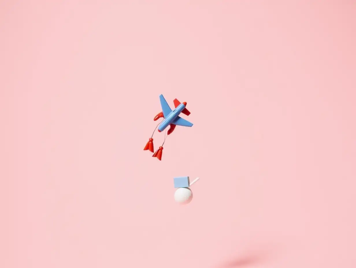 Flying blue red airplane toy, throws book bombs. Back to school concept. Minimal concept on pastel pink background.