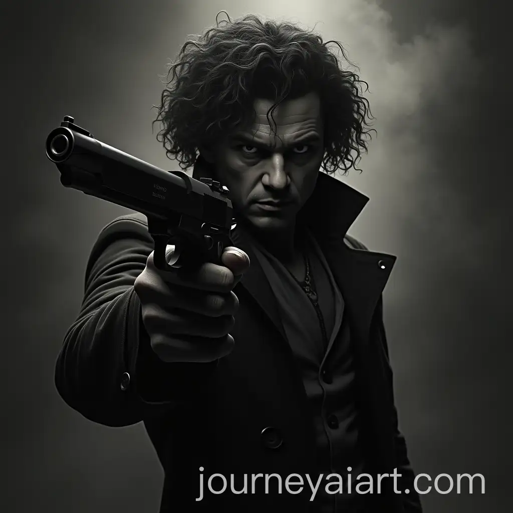 Mystical-Gunman-with-Curly-Hair-Pointing-Gun