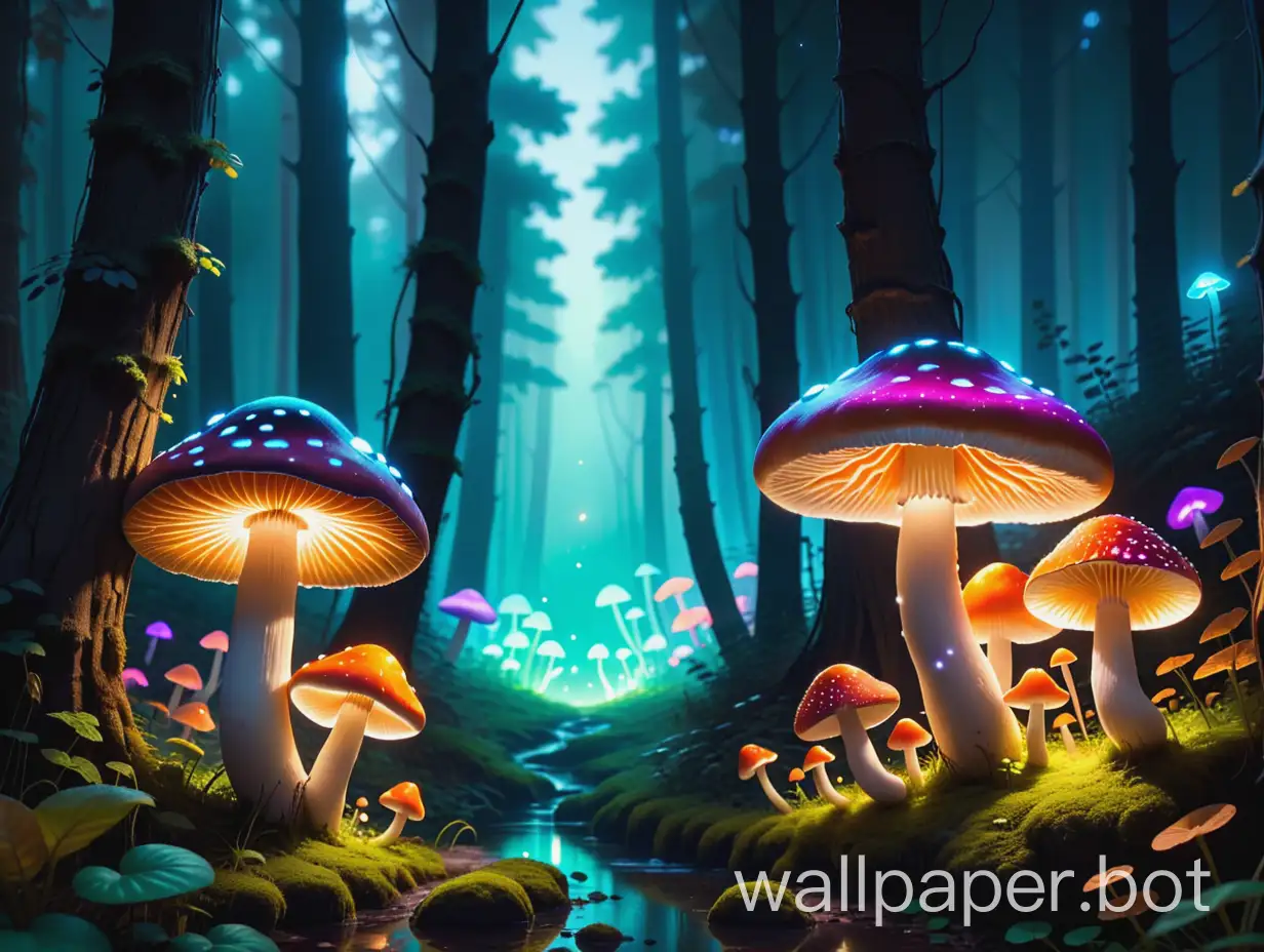 a forest containing both small and massive magical glowing mushrooms of different colors