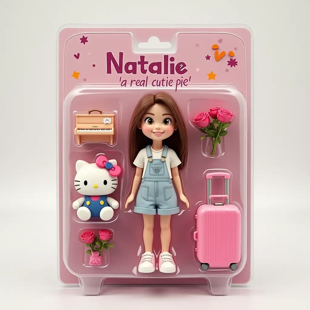 Use this photo of me to create an action figure of myself in a blister pack, in the style like a premium collectible toy. The figure should be standing up and have a relaxed, friendly smile. The blister pack should have a header with the text ‘Natalie’ in large letters and a subheading of ‘a real cutie pie’ below it. Include accessories in compartments to the side of the figure: hello kitty plushy, piano, roses, pink carry on suitcase, roses ,