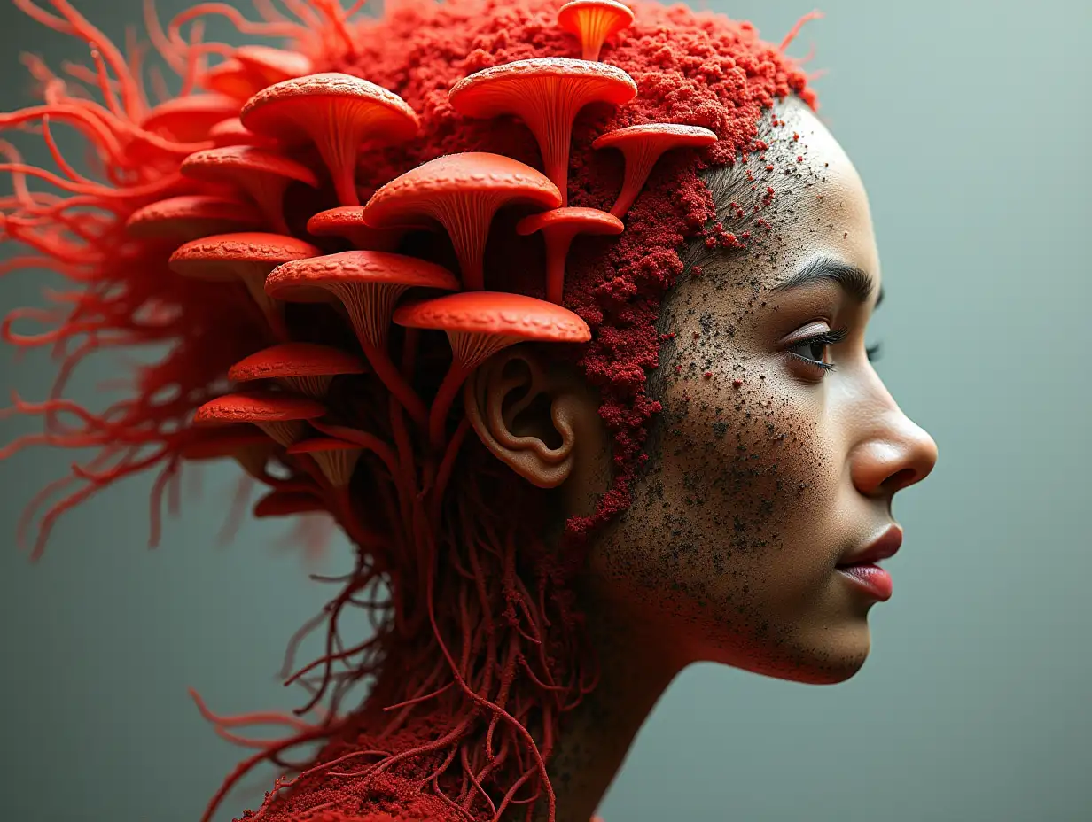 Face transformed into red and mushroom roots in building
