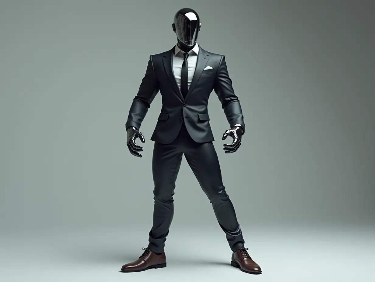 Create a high-resolution, realistic image of a robot, a stylish suit, leather shoes and strike a pose in 4K resolution.