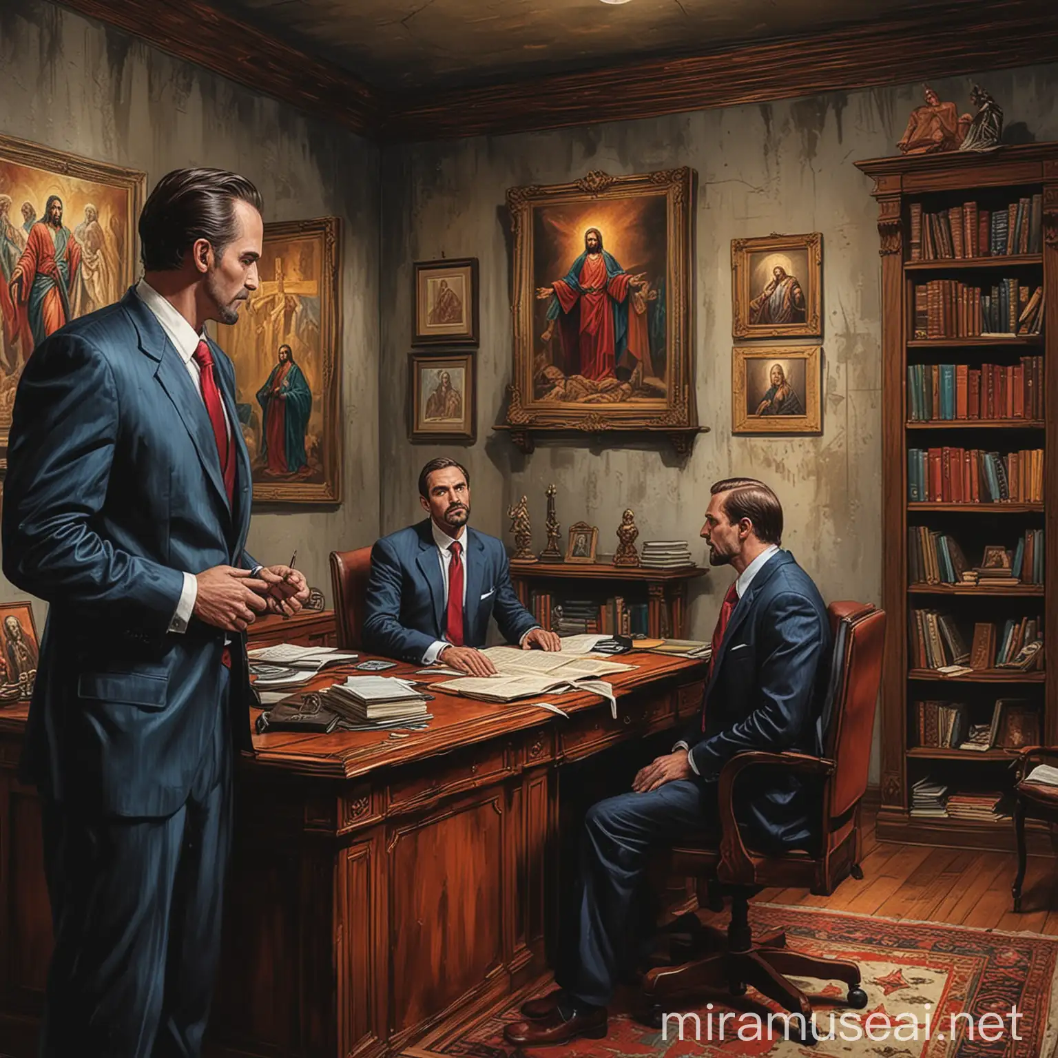 Sinister CEO in Expensive Office with Ancient Artifacts and Yesus Christ Painting