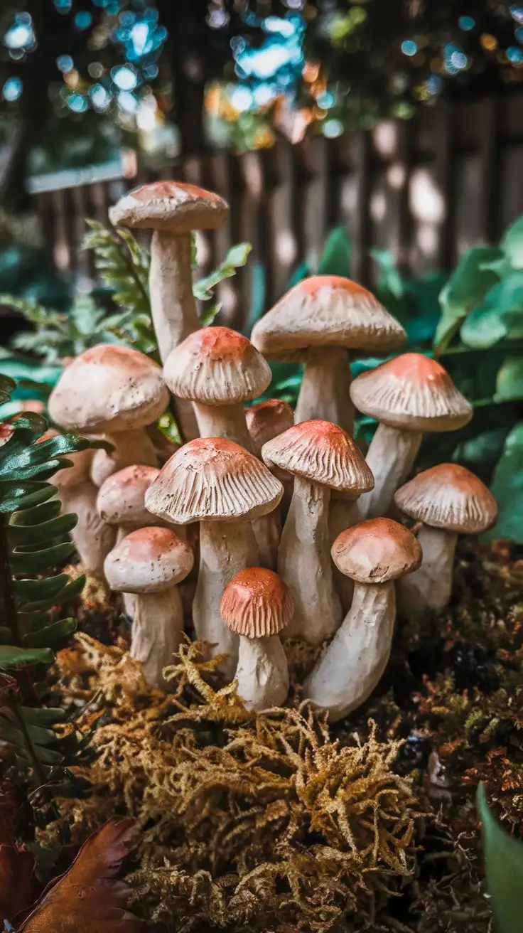 Handcrafted-Clay-Mushrooms-Cluster-in-a-Garden-with-Earthy-Tones-and-Soft-Shadows