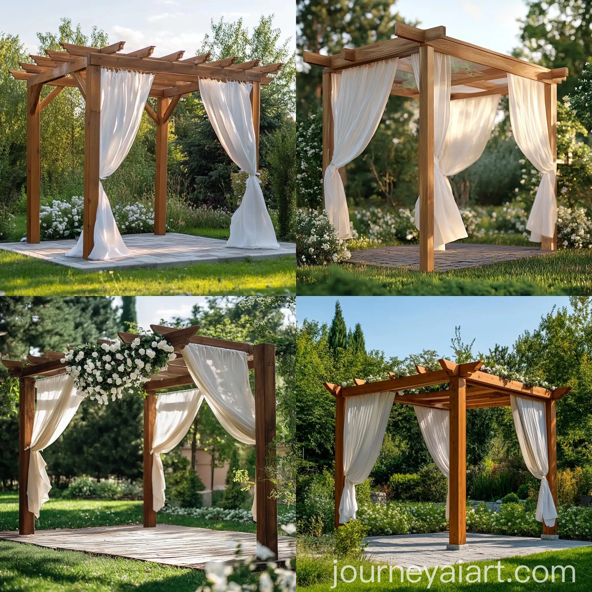 Elegant-Wooden-Power-Frame-with-White-Baldachin-in-a-Green-Garden