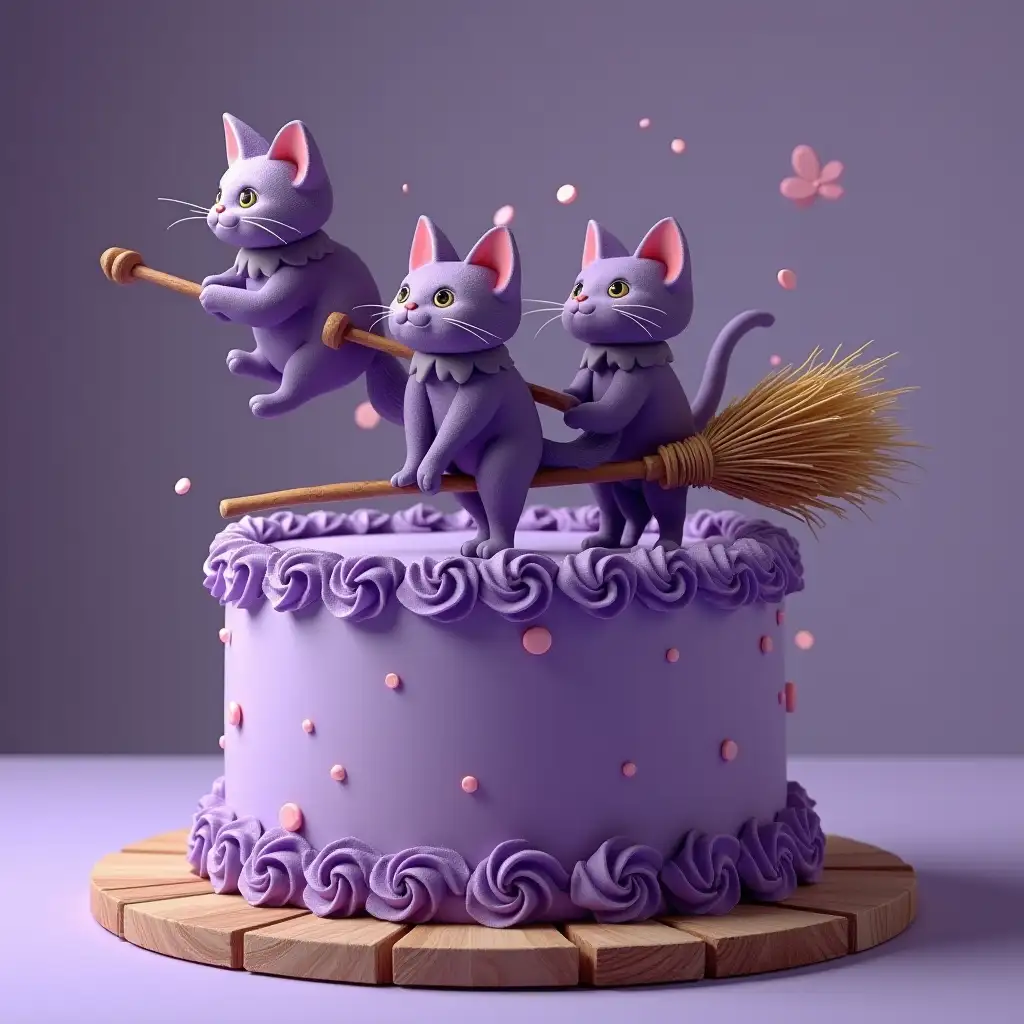 Design of a cake, purple color, magic cats flying on brooms