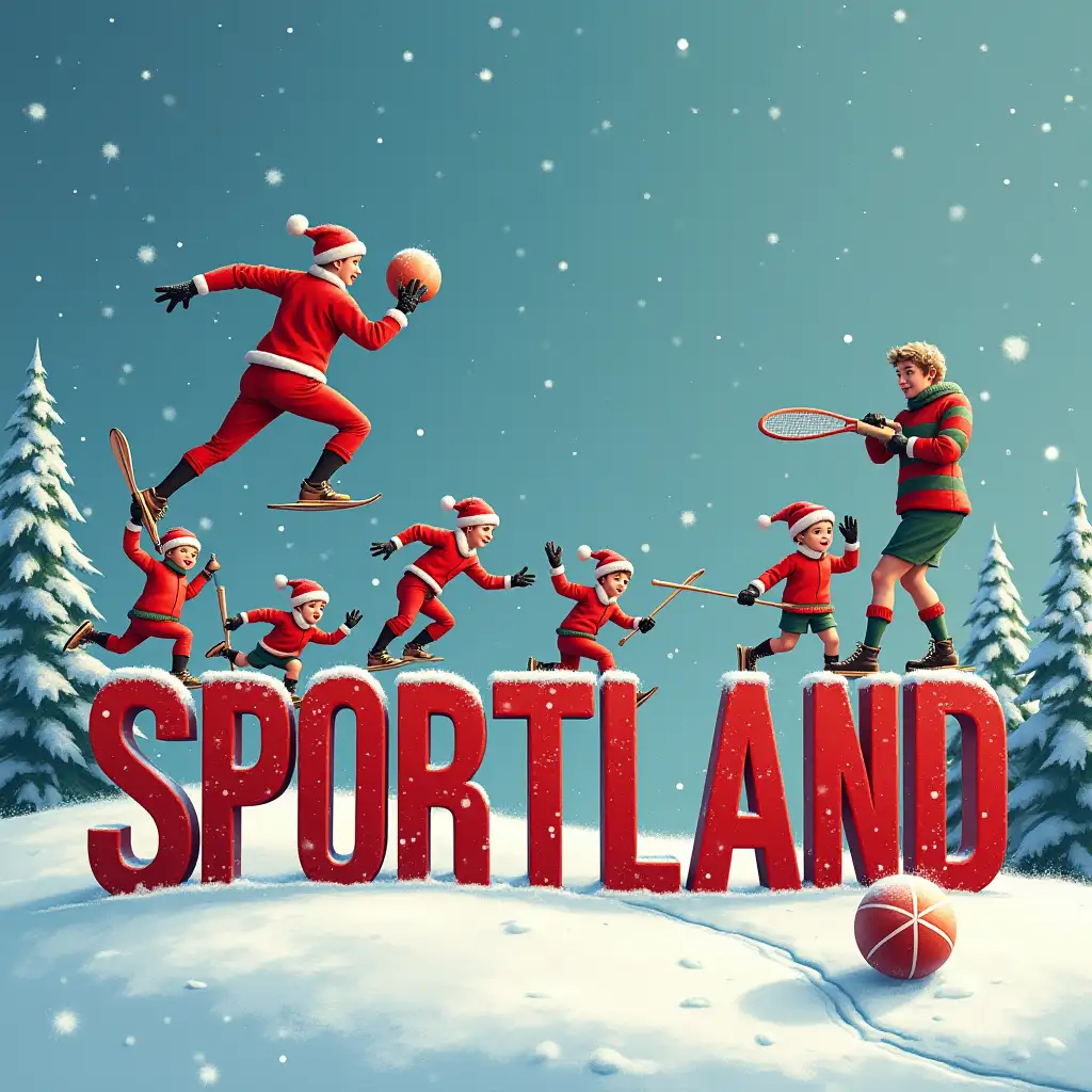 Christmas picture where team doing sport, and team is on the Word SPORTLAND. And Word must be red color