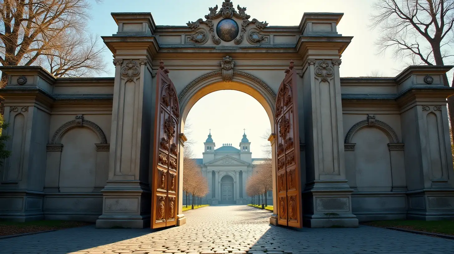 Intricately Designed HalfOpen City Gate Surrounded by Lush Landscaping