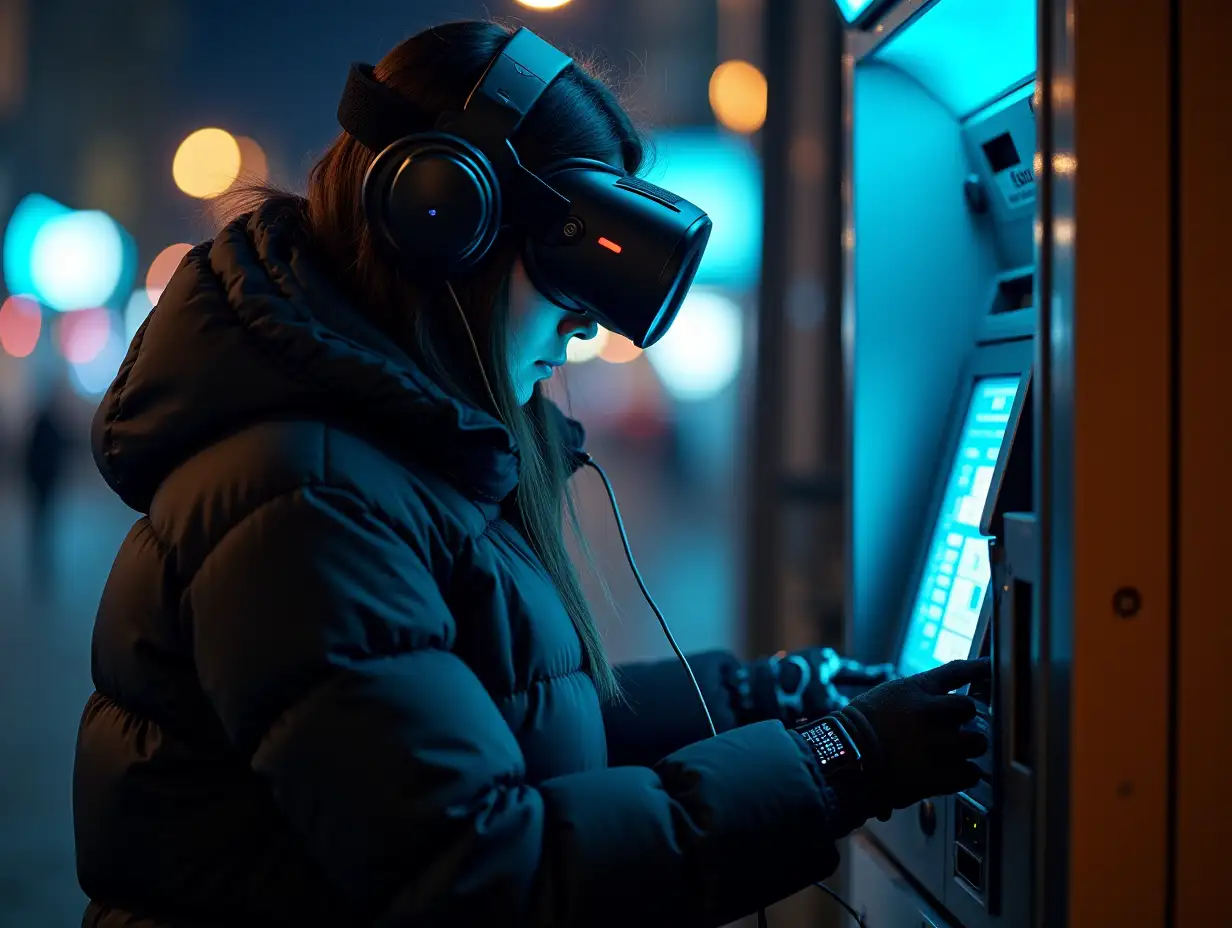 a young stealth female hacker on a street at night, programming atm machine, hands covered, wearing puffer jacket, cybernetic headband, vr goggles, headphones, smartwatch over electronic gloves, lots of wearable cyberpunk hardware, many wires connected from atm to gloves