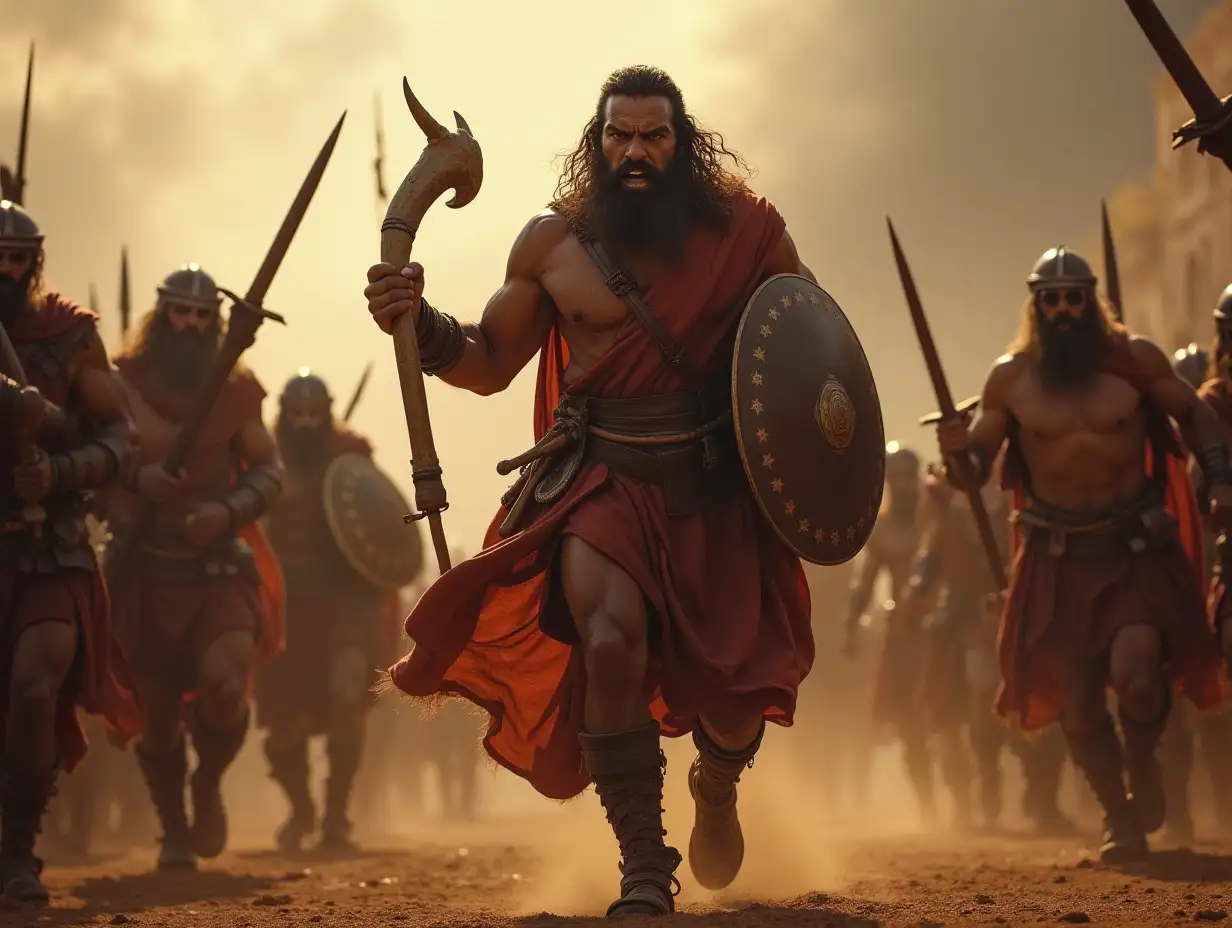 Generate a realistic image with a 16:9 aspect ratio of mighty and powerful but angry Samson holding a donkey jawbone and many Philistines coming to him with assorted weaponry.