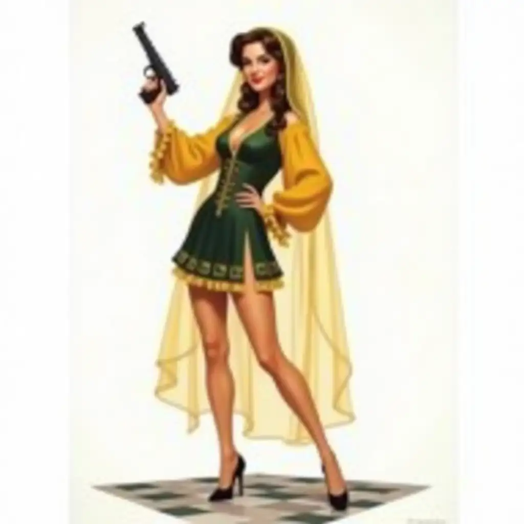 user_prompt: Caricature, grotesque, Pin up. On a white background on a checked floor. With a pistol in hand, the other hand shows the victory sign. A brunette in Tatar folk costume, in a short gold Atlas straight dress with frills at the bottom, and long yellow sleeves with frills, over the dress a dark green sleeveless jacket, on her head a long transparent yellow veil, in high heels.