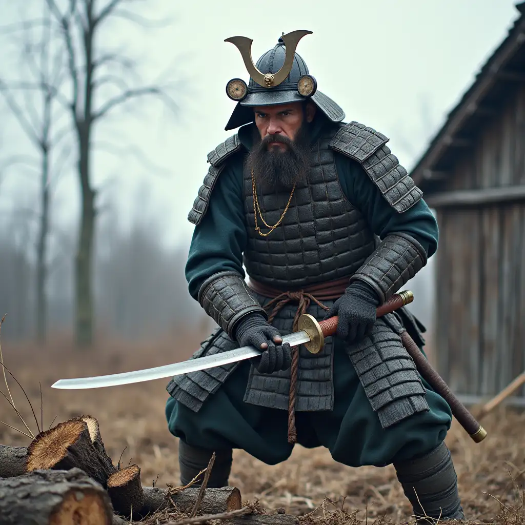 samurai chopping wood with a katana in a Siberian village