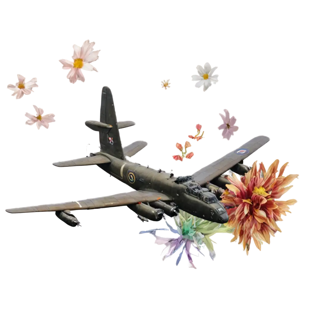 generate an image of a lancaster bomber dropping colourful flowers like bombs