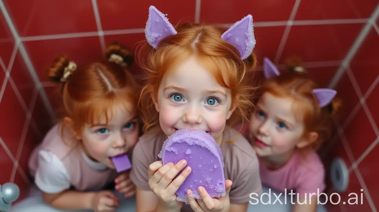 Redhead-Little-Girls-with-Violet-Cat-Ears-and-Soap-in-Preschool-Bathroom