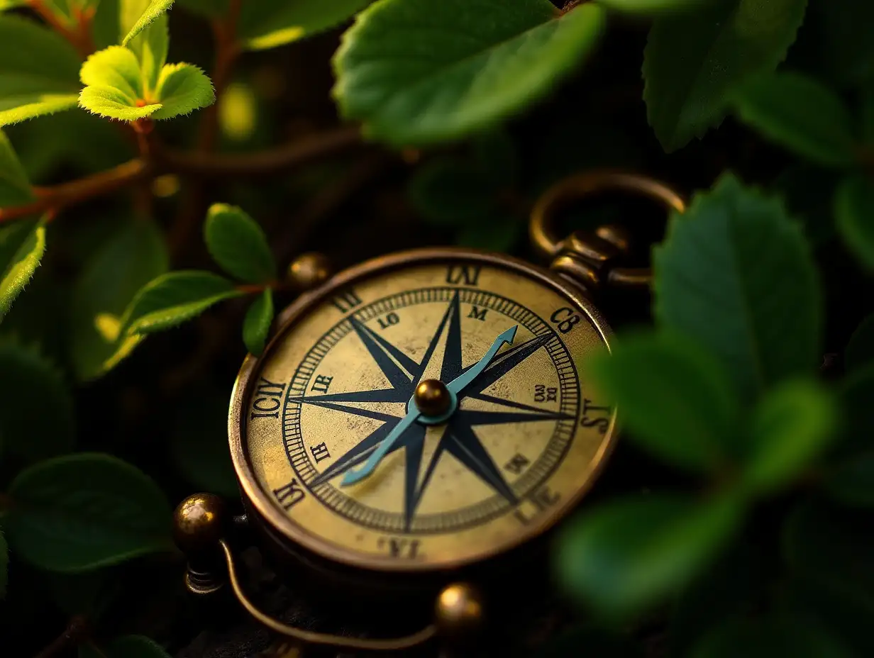 An antique compass lies amidst vibrant, lush foliage, its golden finish glowing softly under dappled sunlight, evoking a sense of adventure and discovery.