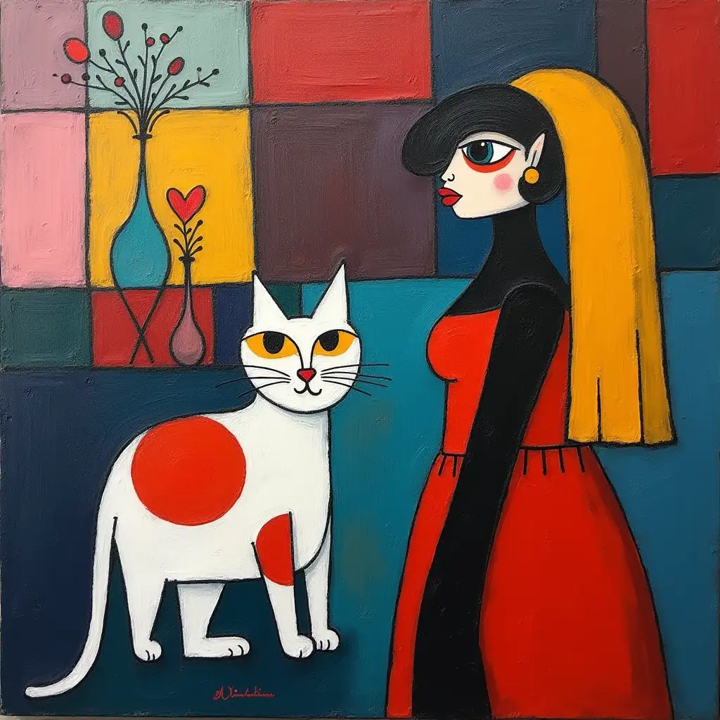 picture in a grid cat with lady in style of Kandinsky, Malevich, minimalism, simplify for beginner artist acrylic many colors, constructivism abstractionism, gloomy