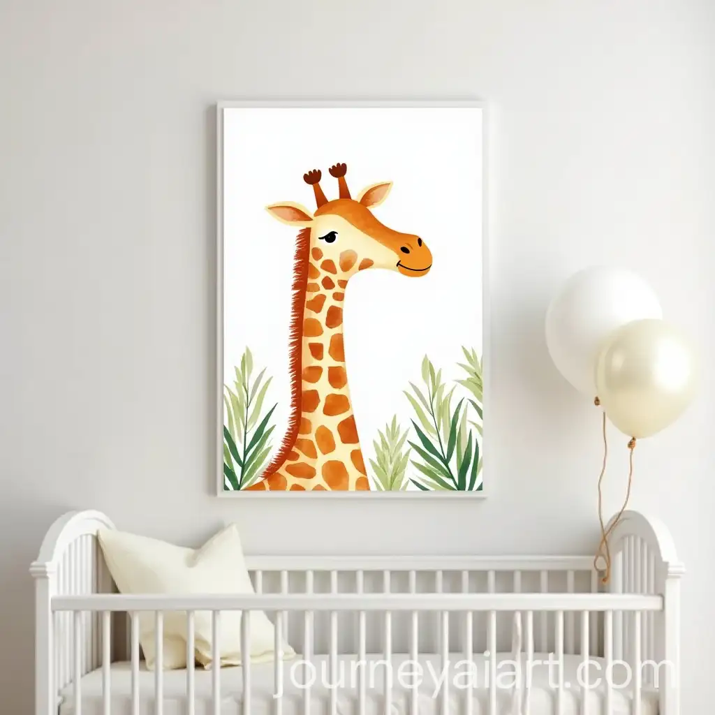 Neutral-Nursery-Baby-Looking-at-Watercolor-Painting-Giraffe-with-Tropical-Trees