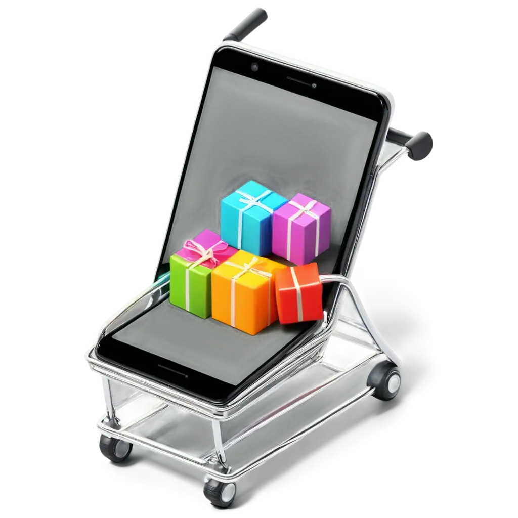 3D-PNG-Render-of-Smartphone-Screen-with-Miniature-Shopping-Cart-and-Colorful-Gift-Boxes-ECommerce-and-Online-Shopping-Concept