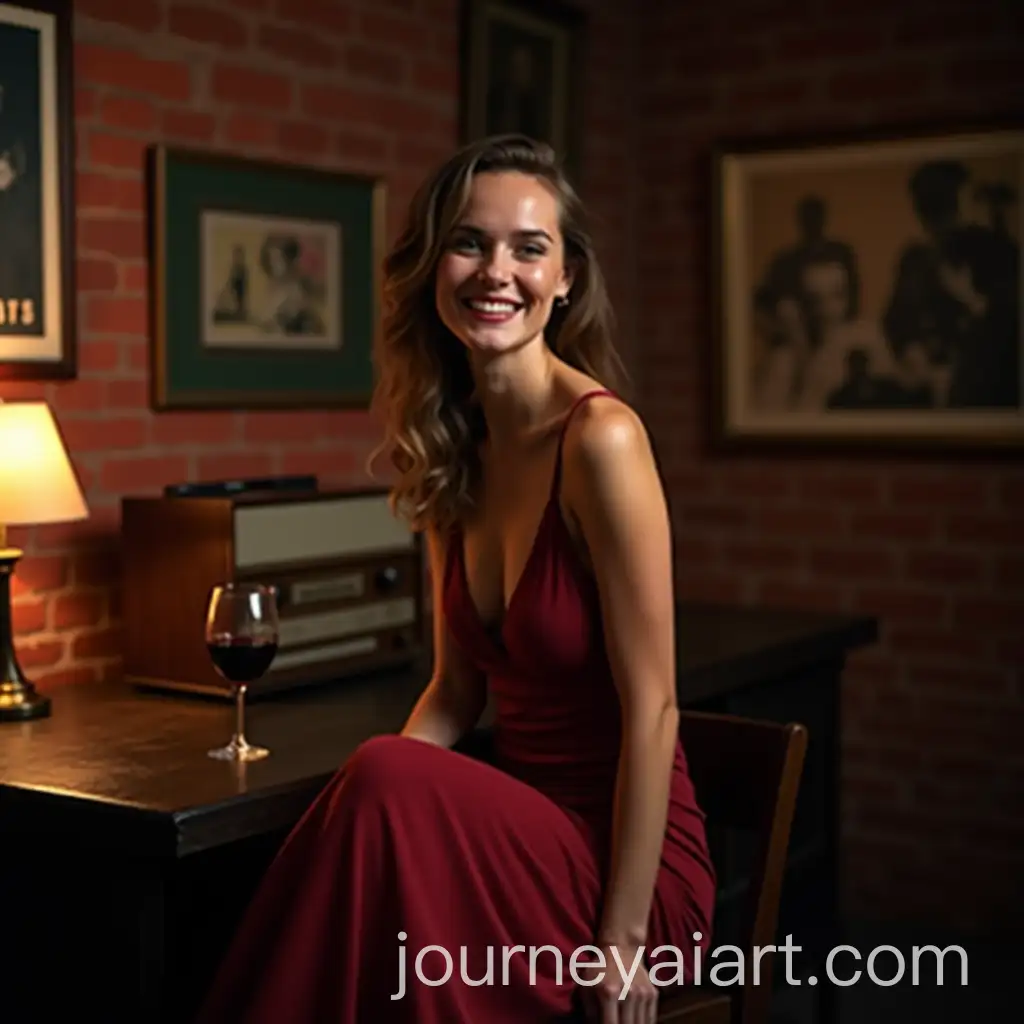 Elegant-Woman-in-Evening-Dress-in-Vintage-Hall-with-Red-Brick-Walls