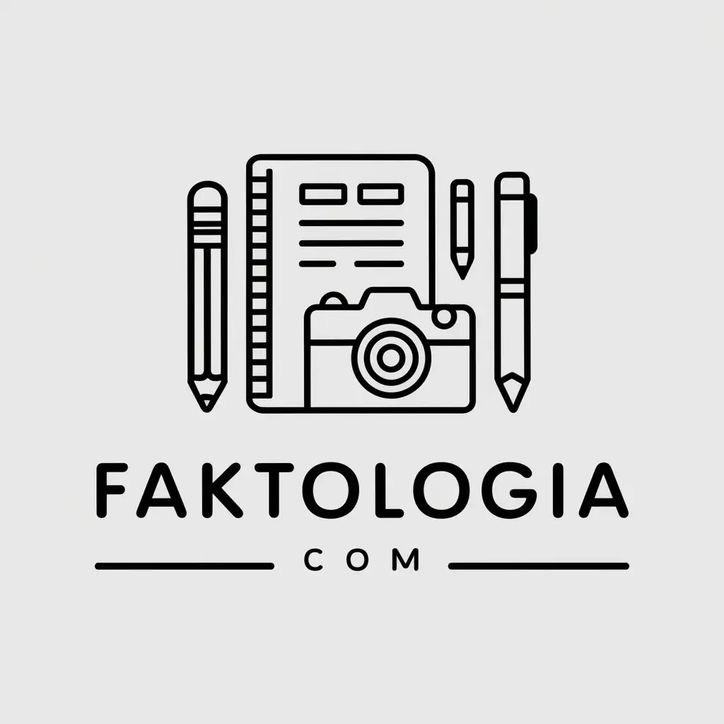 LOGO-Design-For-FAKTOLOGIACOM-Pencil-Notebook-Camera-and-Pen-Symbols-in-Clean-and-Clear-Style