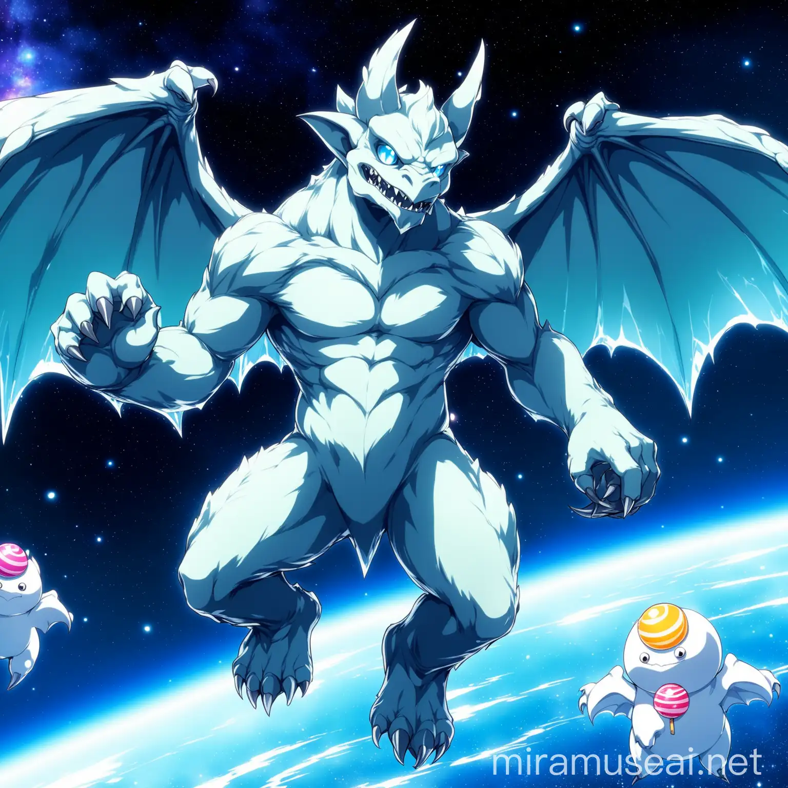 an anime ((ice cream gargoyle creature)), candy creature, dessert creature, calm look, heroic pose, in epic space anime