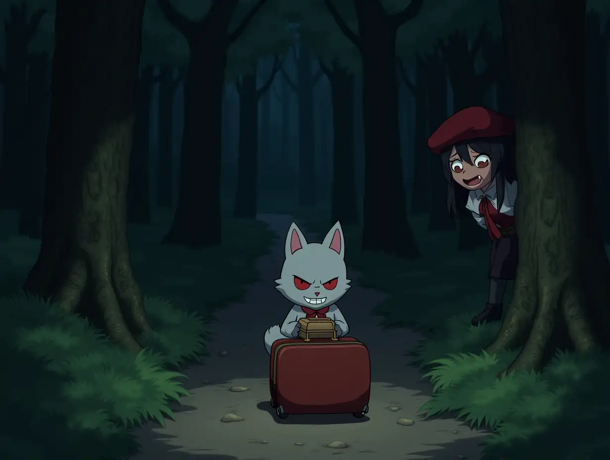 Through the dark forest walks a little wolf in a clean, tidy suitcase, scared, hugging a basket. Behind a tree hides a girl dressed like a bandit with a red beret, with a bared teeth (fangs out) watching the wolf. Anime style.