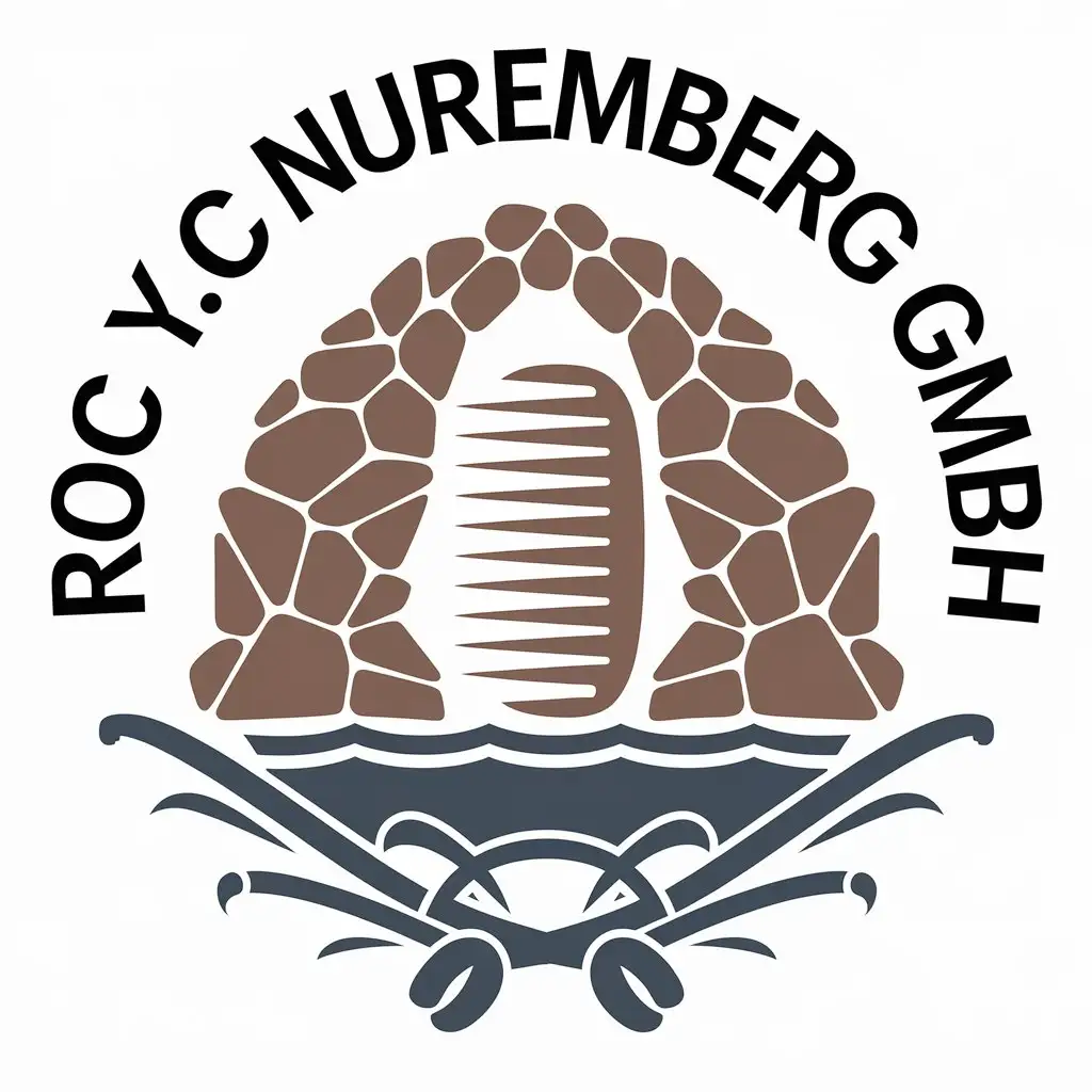 a vector logo design,with the text "Roc Y.C Nuremberg GmbH", main symbol:Trade in natural and art stones for landscaping or gardening, with religious stones (eg Happiness stones, Talisman stones, Holy figures), aquarium stones and massage stones (eg Stone comb, Horn comb, Stones for foot massage) and all related materials (eg Preparation stone, their posters, Stones for paintings) as well as fountain design (eg Water pipes, Water pipes) and water pipes.,complex,clear background