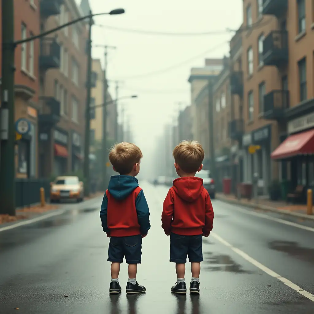 realistic, two identical boys are on a long street, a distance away, looking at each other