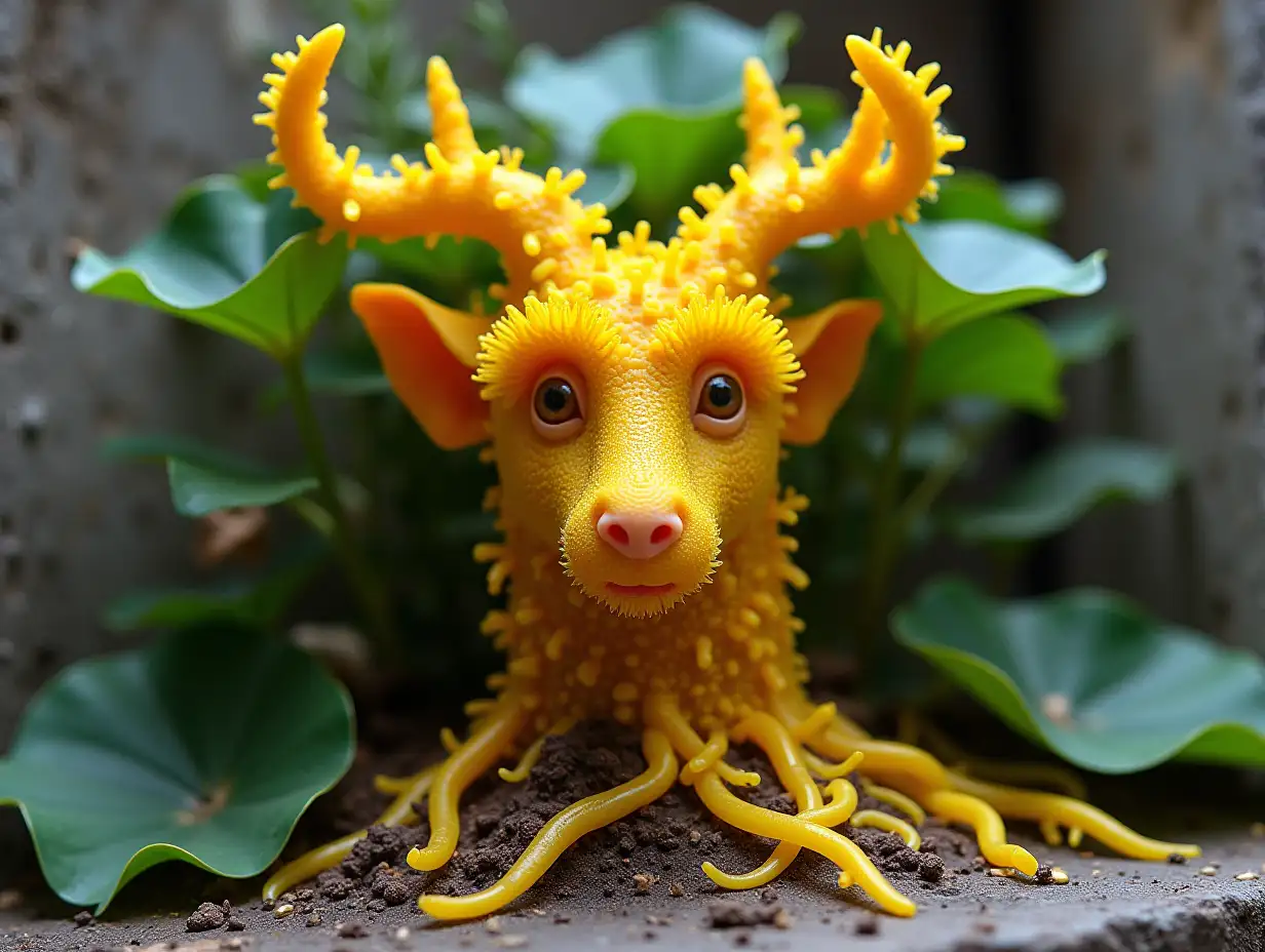 Face transformed from a Yellow Stagshorn Slime Mold with leaves and roots in a building